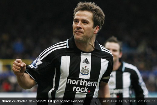 Michael Owen scoring Newcastle's first goal against Pompey