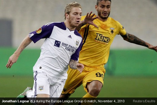 Jonathan Legear (L) during the Europa League Group G soccer match, November 4, 2010