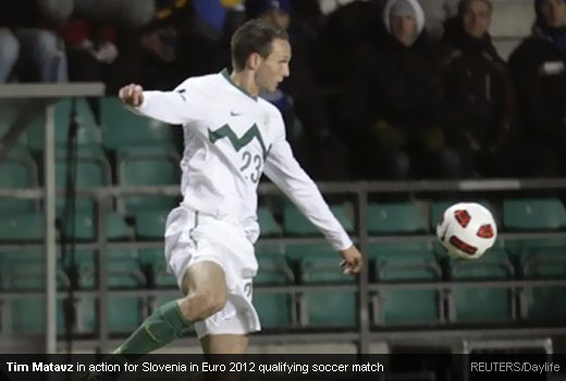 Tim Matavz in action for Slovenia in Euro 2012 qualifying soccer match