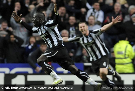 Cheik Tiote celebrates his wonder goal against Arsenal