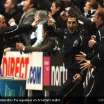 Alan Pardew celebrates the equaliser goal against Arsenal