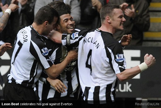 Leon Best celebrates his goal against Everton