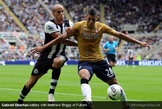 Gabriel Obertan battles with Matthew Briggs of Fulham [Magpies Zone/GettyImages/DayLife]