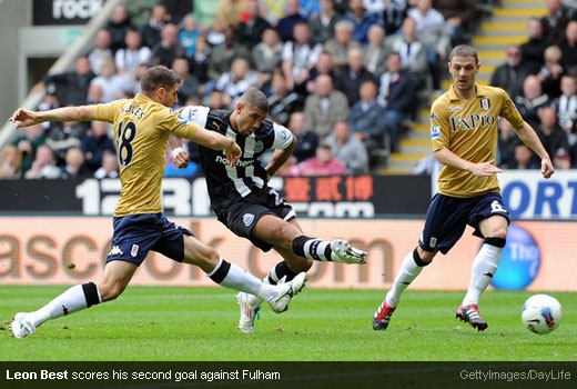 Leon Best scores his second goal against Fulham [Magpies Zone/GettyImages/DayLife]
