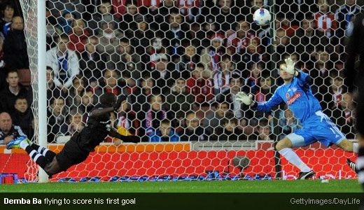 Demba Ba flying to score his first goal [Magpies Zone/GettyImages/DayLife]