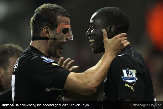 Demba Ba celebrating his second goal with Steven Taylor [Magpies Zone/GettyImages/DayLife]