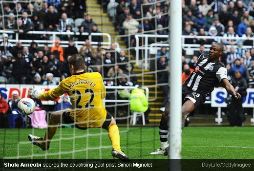 Shola Ameobi scores the equalising goal past Simon Mignolet