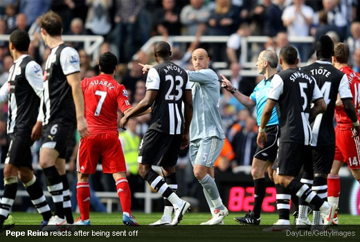 Pepe Reina reacts after being sent off