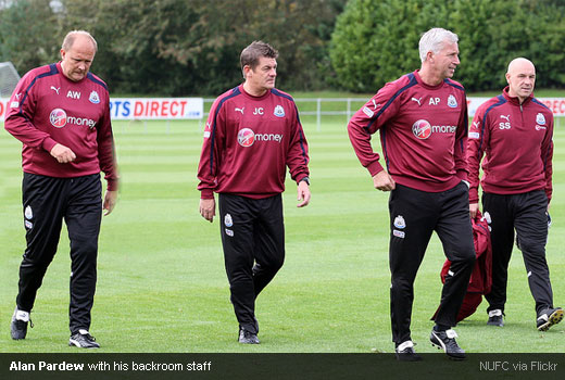 Alan Pardew with his backroom staff Andy Woodman, John Carver and Steve Stone