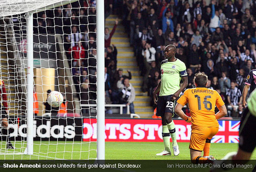 Shola Ameobi score United’s first goal against Bordeaux
