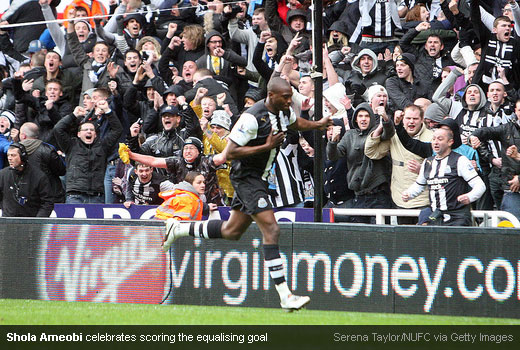 Shola Ameobi celebrates scoring the equalising goal