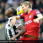 Shola Ameobi and Gareth McAuley jump for the ball Shola Ameobi and Gareth McAuley jump for the ball