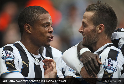 Loic Remy celebrating Cabaye’s goal against Liverpool